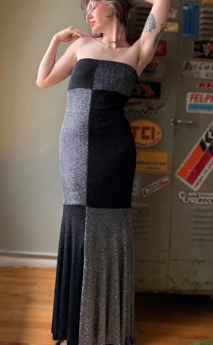Vintage 90s Silver Strapless Gown | Black Gray Metallic Mermaid Floor Length | L
